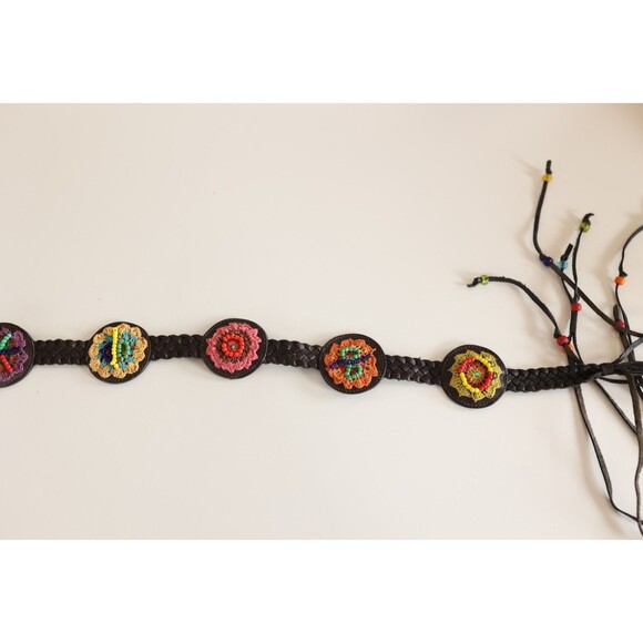 Chicos Leather Belt Boho Festival Crochet Beaded Southwest Braided Tassels 44\